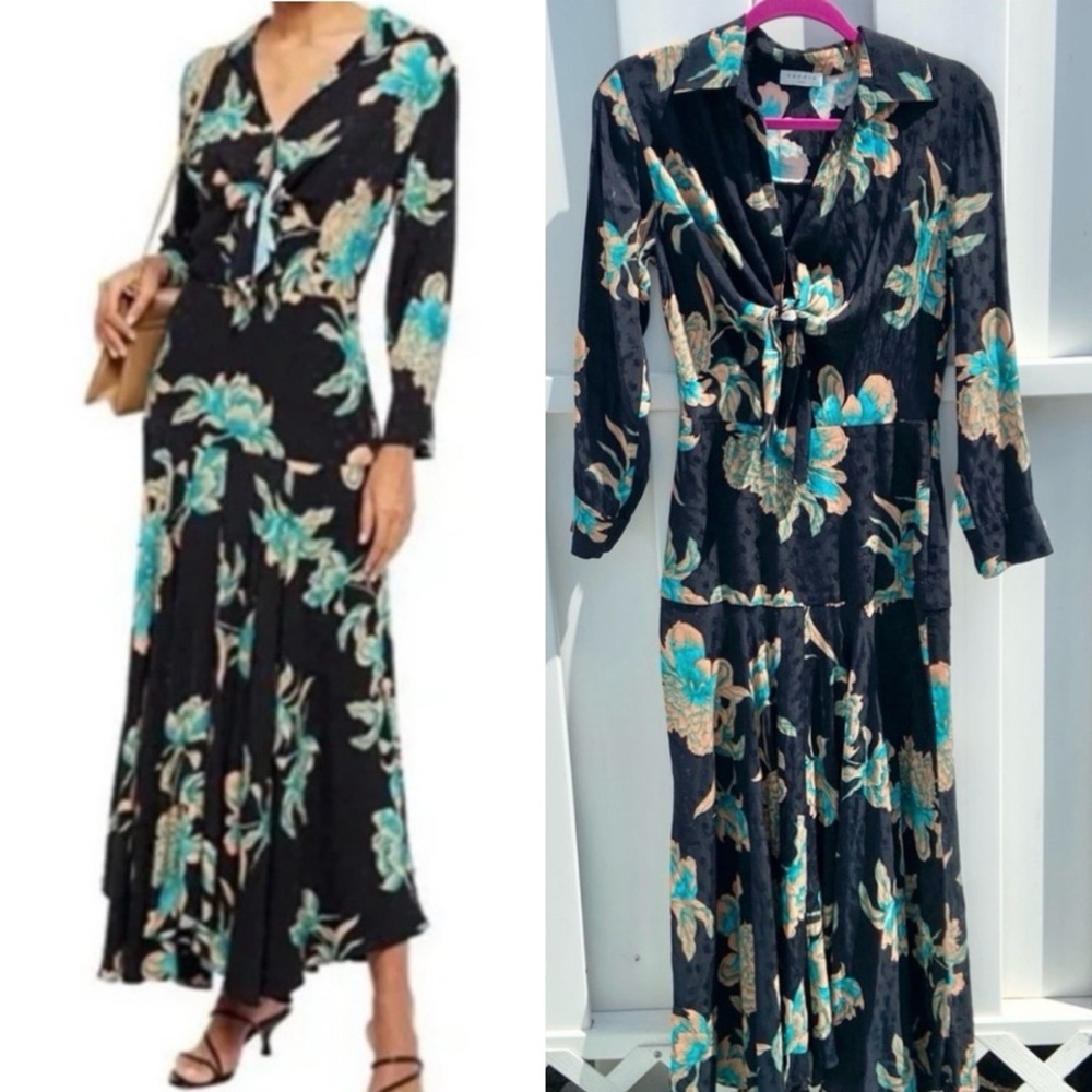 SANDRO Paris Blaire Knotted Black Floral Jacquard Maxi Dress Sz E 34/US XS